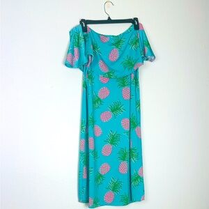 Escapada Teal Pineapple Print Off-Shoulder Midi Dress